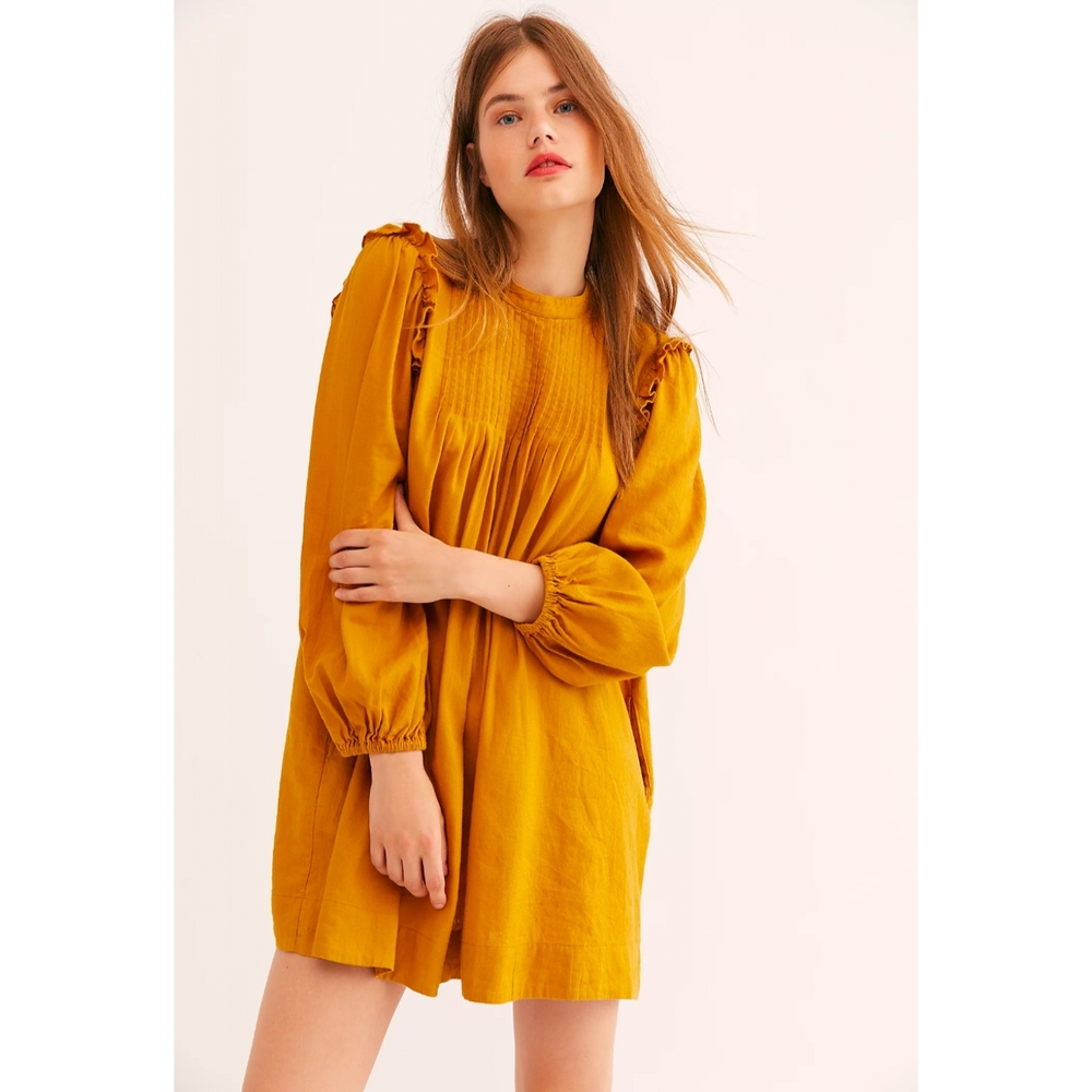 Free People Pintuck Mock Neck Linen Blend Mustard Yellow Long Sleeve Tunic Dress